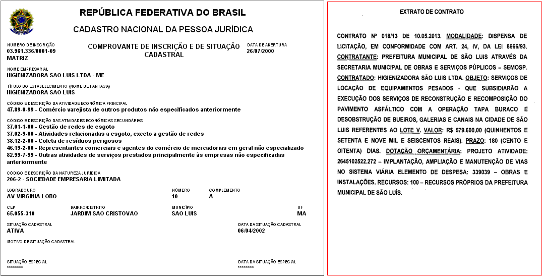 CNPJ Higienizadora Sao Luis Ltda e contrato