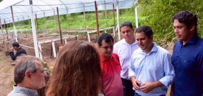 O prefeito, com auxiliares, visitando viveiros de produtores na Zona Rural