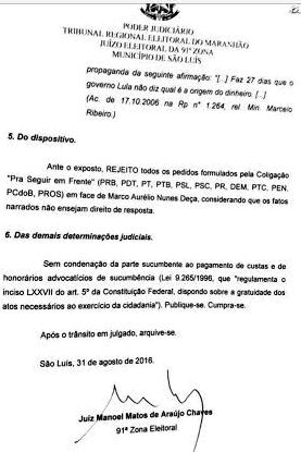 Decisão do juiz Manoel Chaves: improcedente